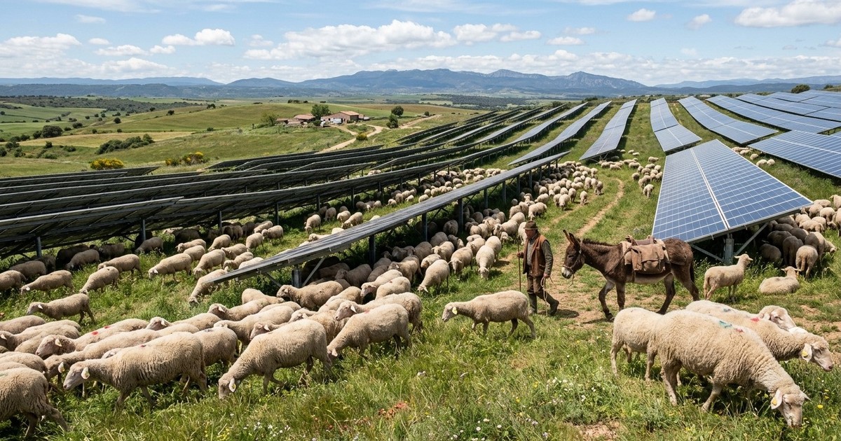 Ovejas y un burro guardián: el curioso equipo que mantiene limpia una granja solar
