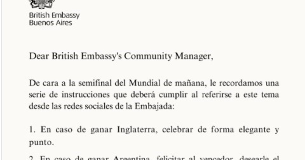 Embajada británica filtra memo interno sobre el Argentina-Inglaterra